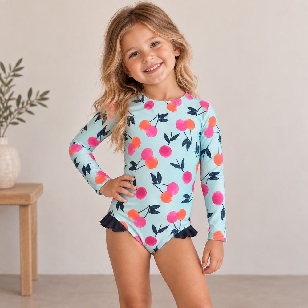 Bon Bon Blue Cherry Print Long Sleeve One Piece Swim Suit 1T